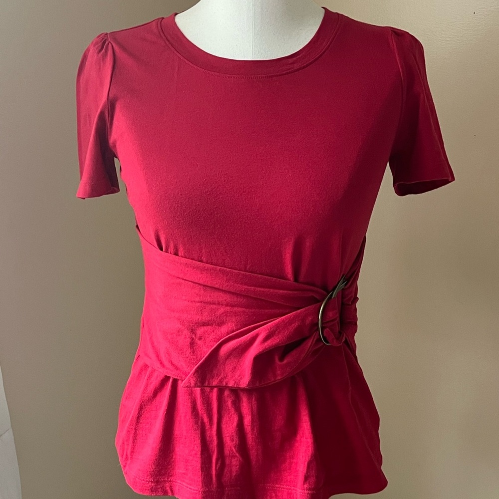 Maeve Red Fitted Faux Wrap T-Shirt, XS by Anthropologie